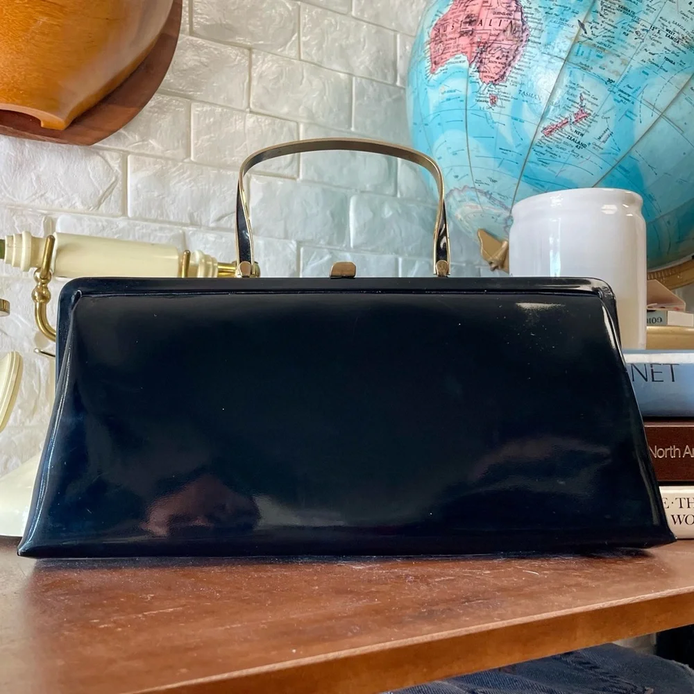 Vintage 1960s Bobbie Jerome Black Patent Leather Metal Top Handle Evening Bag - Picture 3 of 8